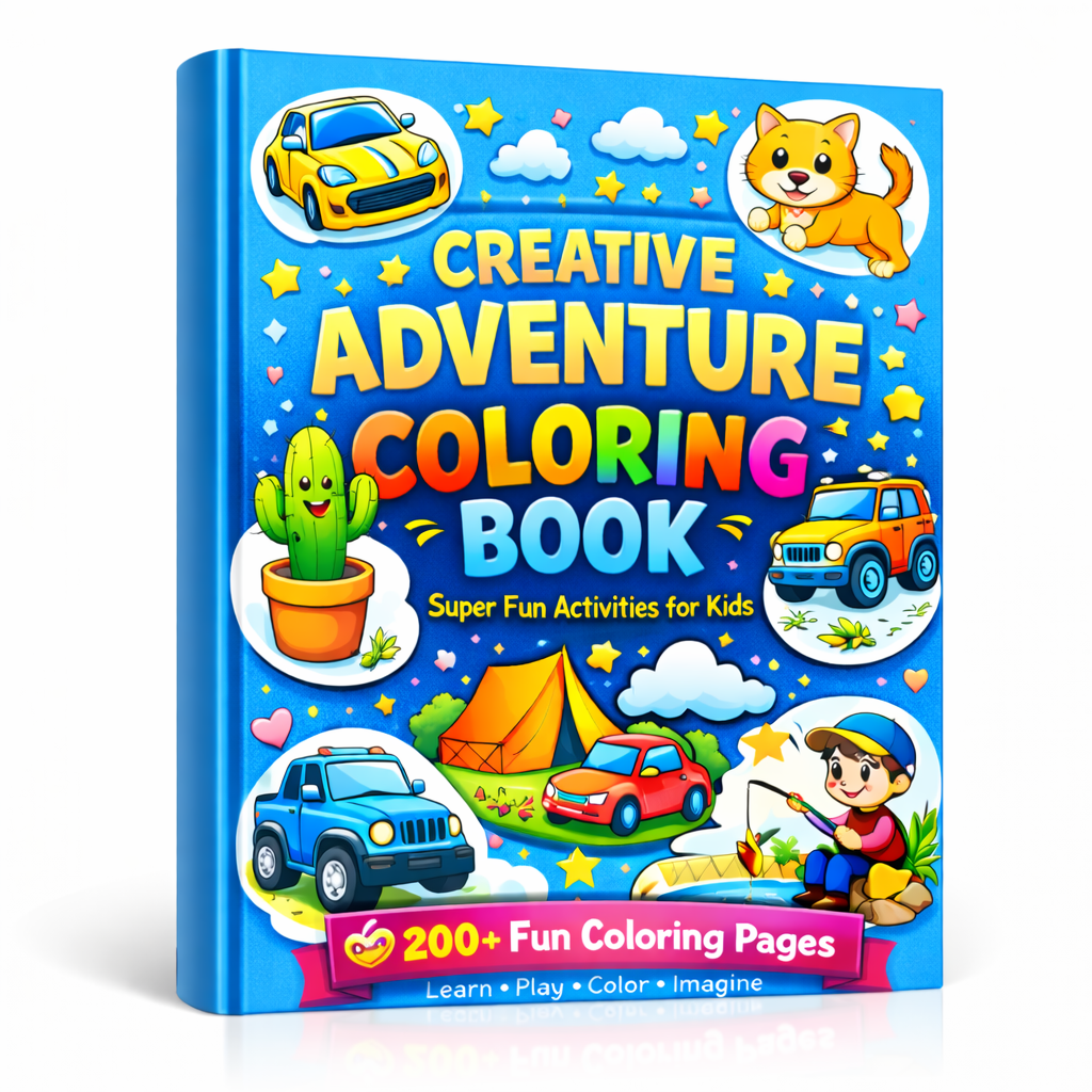 Creative Adventure Coloring Book bundle for Kids – Cars, Camping, Cactus & Cat Fun (200+ Pages)